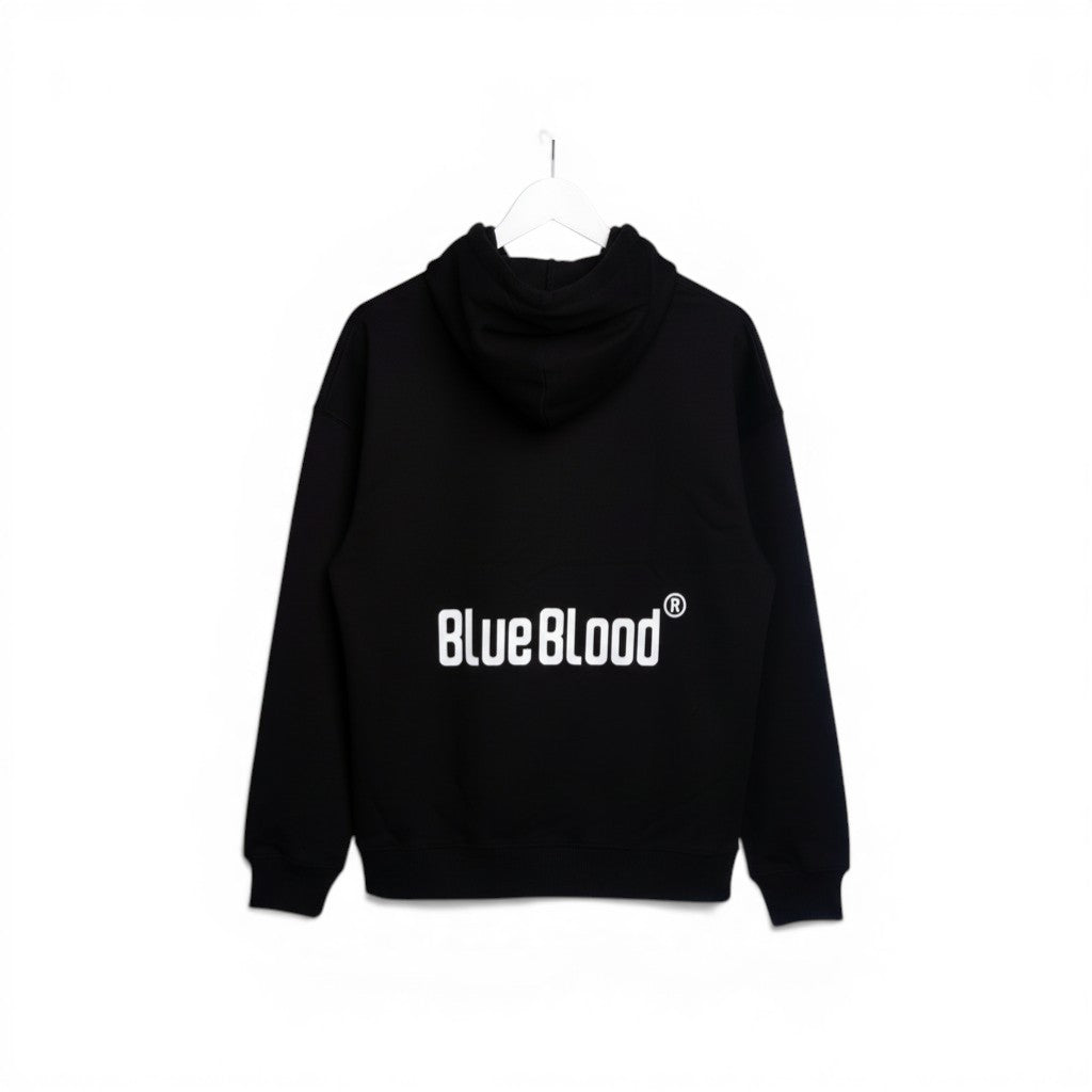 Blue Blood black relaxed fit organic cotton hoodie with kangaroo pocket and logo on back.