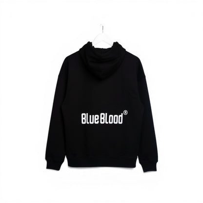 Blue Blood black relaxed fit organic cotton hoodie with kangaroo pocket and logo on back.
