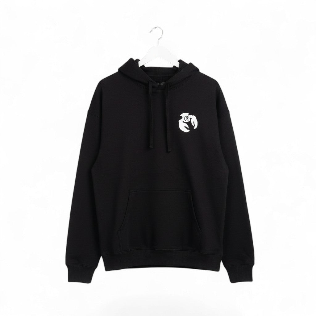 Blue Blood black relaxed fit organic cotton hoodie with kangaroo pocket and white crab logo.