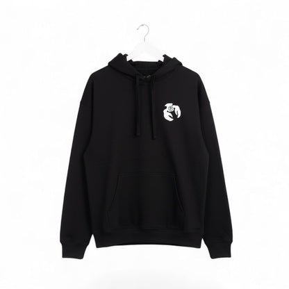 Blue Blood black relaxed fit organic cotton hoodie with kangaroo pocket and white crab logo.