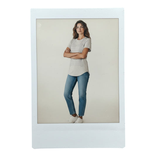 Blue Blood light grey 100% cotton vintage t-shirt with embroidered military-style detailing on the chest. Size S.