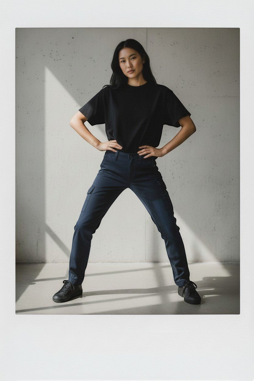 Blue Blood Vintage twill cargo pants in navy blue, 100% cotton, size 29x34. Features multiple pockets and a relaxed fit.