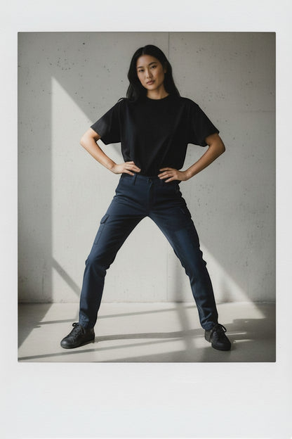 Blue Blood Vintage twill cargo pants in navy blue, 100% cotton, size 29x34. Features multiple pockets and a relaxed fit.