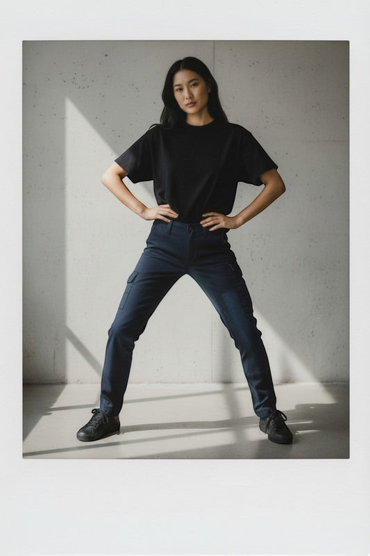 Blue Blood Vintage twill cargo pants in navy blue, 100% cotton, size 29x34. Features multiple pockets and a relaxed fit.