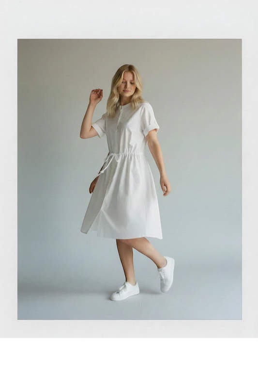 Blue Blood vintage white 100% cotton shirt dress with drawstring waist and short sleeves.