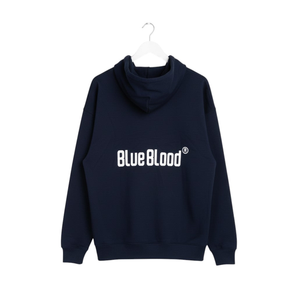 Blue Blood French Navy relaxed fit hoodie made from 100% organic cotton with a kangaroo pocket and logo on the back.