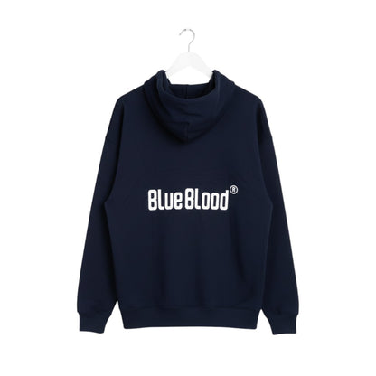 Blue Blood French Navy relaxed fit hoodie made from 100% organic cotton with a kangaroo pocket and logo on the back.