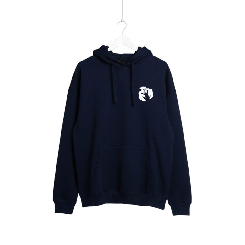 Blue Blood relaxed fit French navy organic cotton hoodie with kangaroo pocket and double-lined hood.