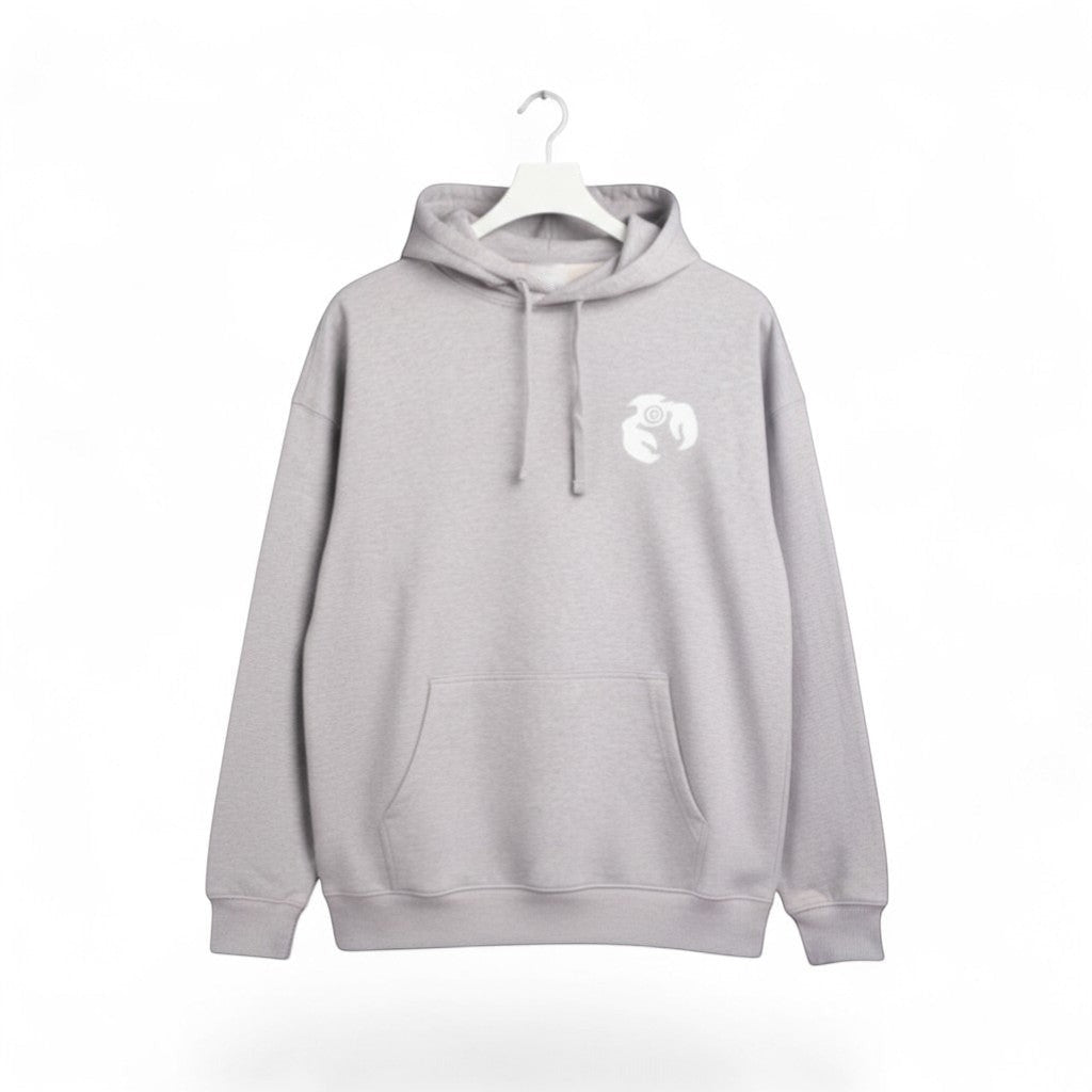 Blue Blood heather grey relaxed fit organic cotton hoodie with kangaroo pocket and white chest logo.