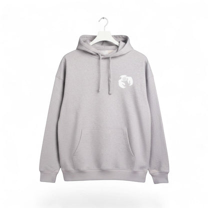 Blue Blood heather grey relaxed fit organic cotton hoodie with kangaroo pocket and white chest logo.