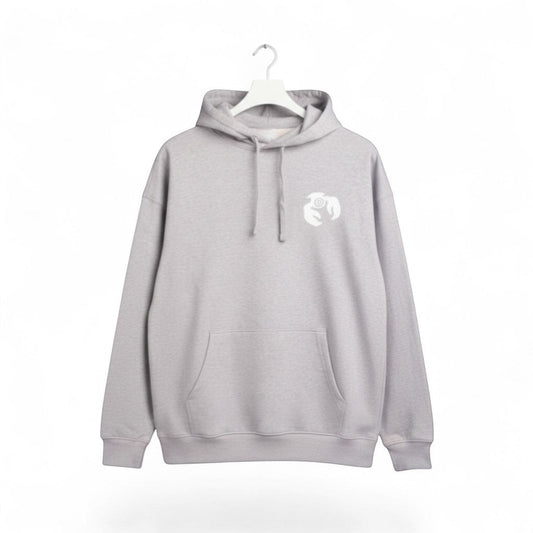 Blue Blood heather grey relaxed fit organic cotton hoodie with kangaroo pocket and white chest logo.