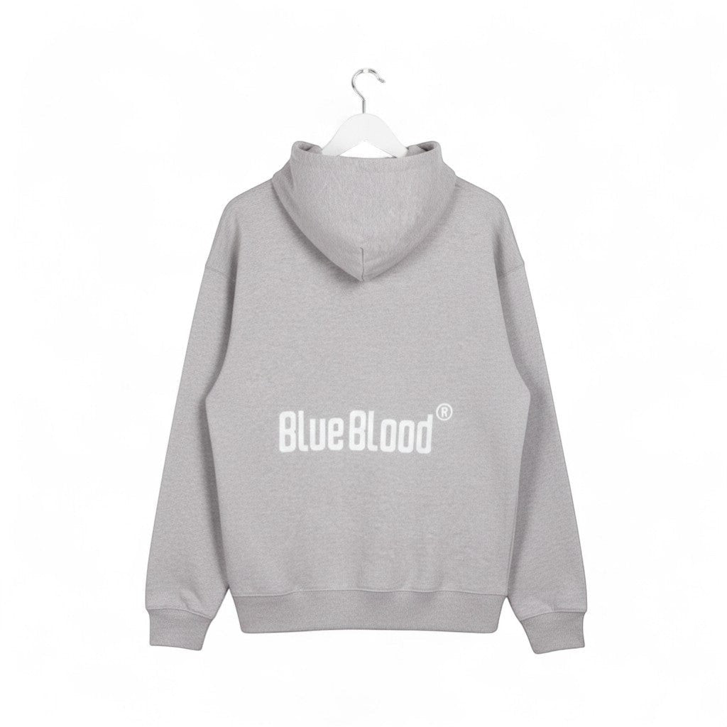 Blue Blood relaxed fit heather grey organic cotton hoodie with kangaroo pocket and logo on back.