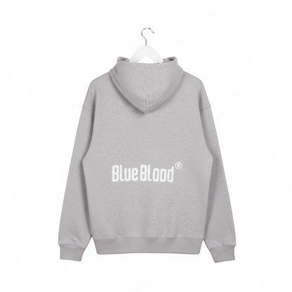 Blue Blood relaxed fit heather grey organic cotton hoodie with kangaroo pocket and logo on back.